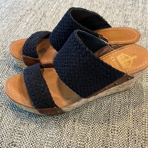 CROWN VINTAGE DOUBLE TROUBLE WEDGE SANDAL SHOES size 8.5 EUC wedges black brown - Picture 2 of 13